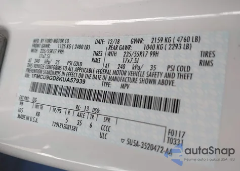 2019 Ford Escape Se z USA, uszkodzony, nr VIN 1FMCU9GD8KUA57939